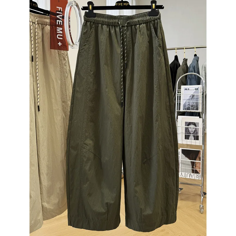 Women Korean Casual Cropped Cargo Pants Summer Thin Elastic Drawstring Waist Loose Wide Leg Trousers