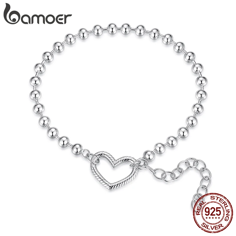 

Bamoer браслет из стерлингового серебра 925 пробы с полыми бусинами в форме сердца, регулируемый текстурированный браслет, базовая цепочка для женщин, минималистичный декор на запястье
