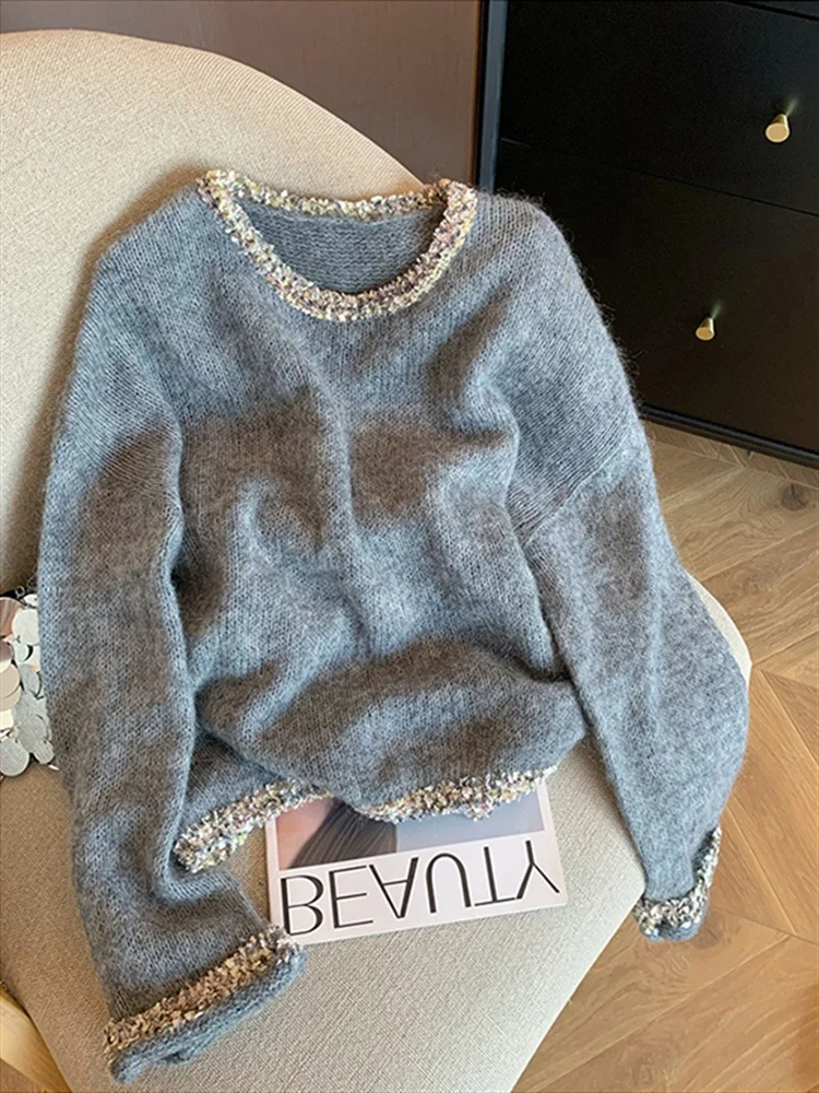 

Unique Beautiful Lace round Ne Sweater Women Loose Autumn Winter Outerwear Lazy Sle High-End Knitted Top Korean Sle