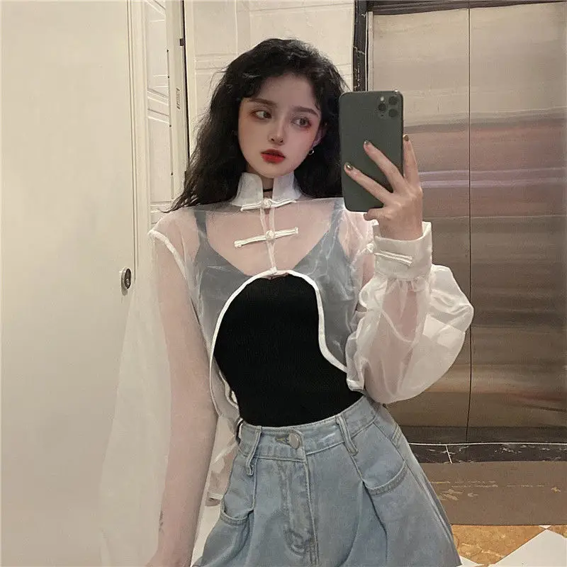 Qweek sexy Frauen Blusen transparent Top Harajuku Ernte weiß schwarz Hemd Langarm süße Oberbekleidung Chic schöne Ins Mode