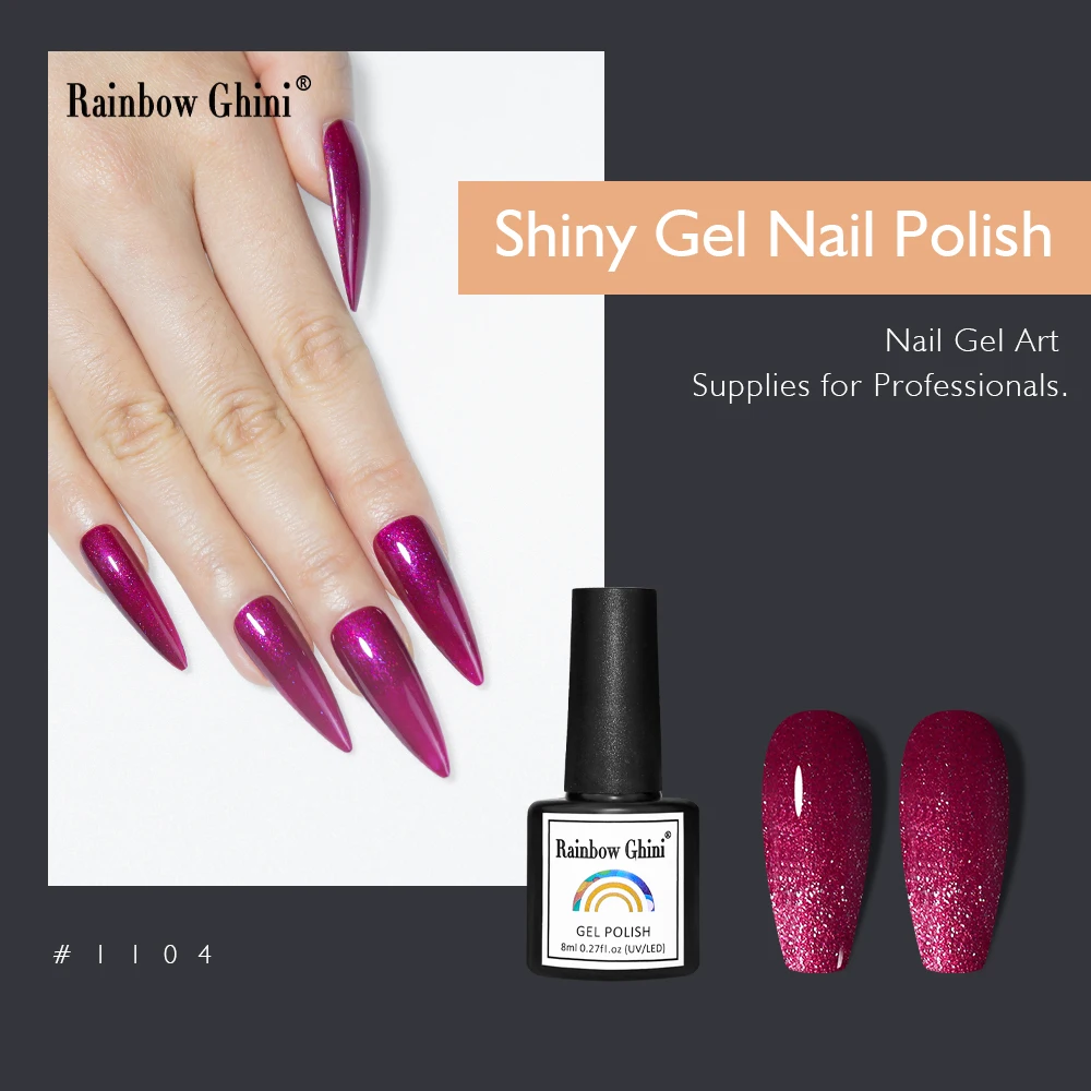 Rainbow Ghini HEMA&TPO FREE 8 ml reichhaltiger violetter Gel-Nagellack, rosa Glitzer, langlebiges, kaltes und verführerisches violettes Nagelgel