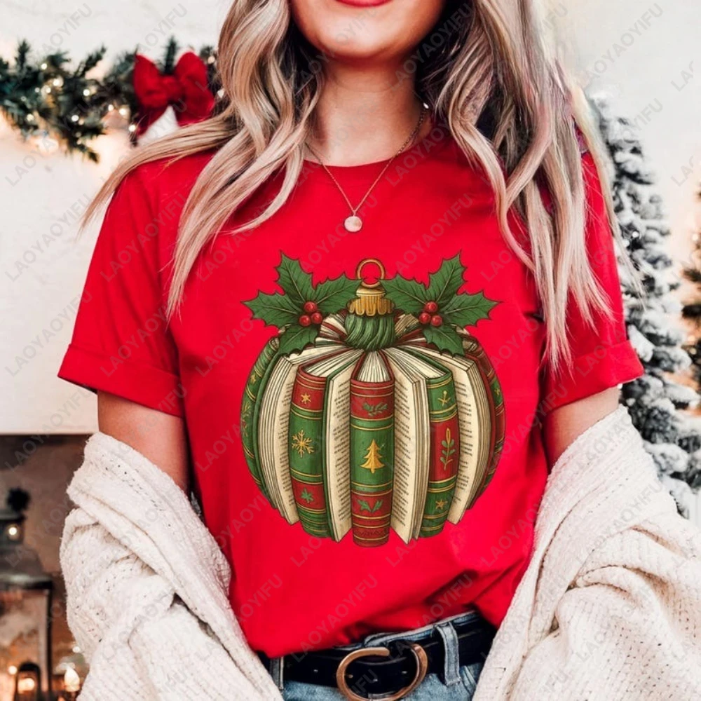 

Merry Christmas Pumpkin Book Printed T-shirt Retro Christmas Vacation Teacher Book Lover T Shirts Woman Clothing Men Clothes