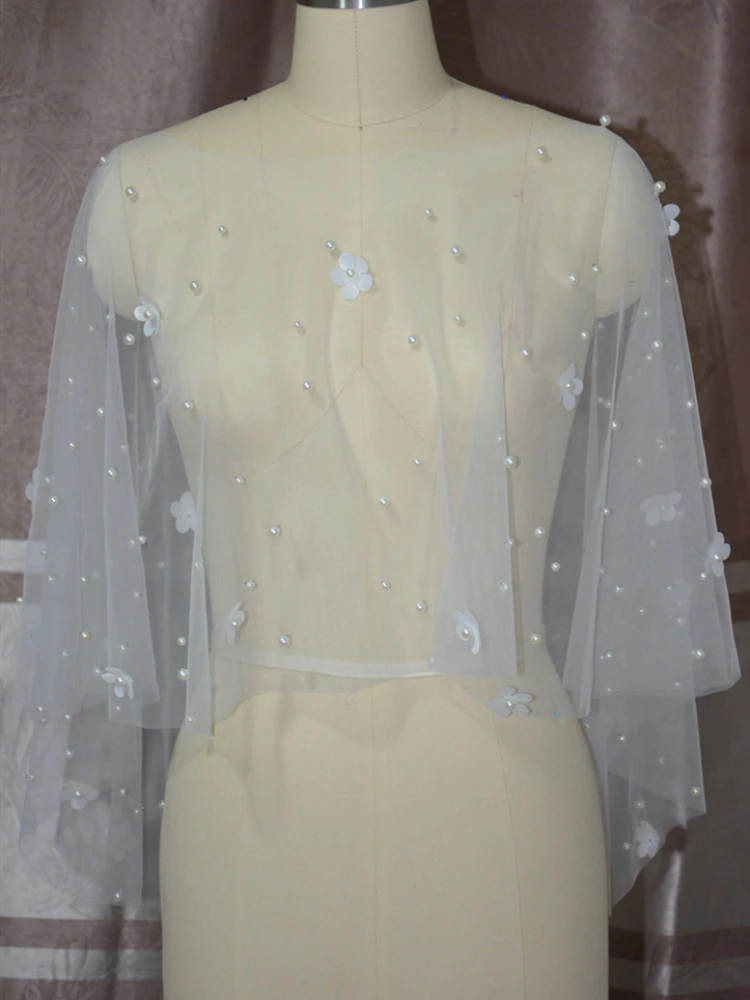 Pearls High Low Wedding Wrap Tulle Prom Party Shawl BOLERO Bridal Cape Elegant Wedding jacket