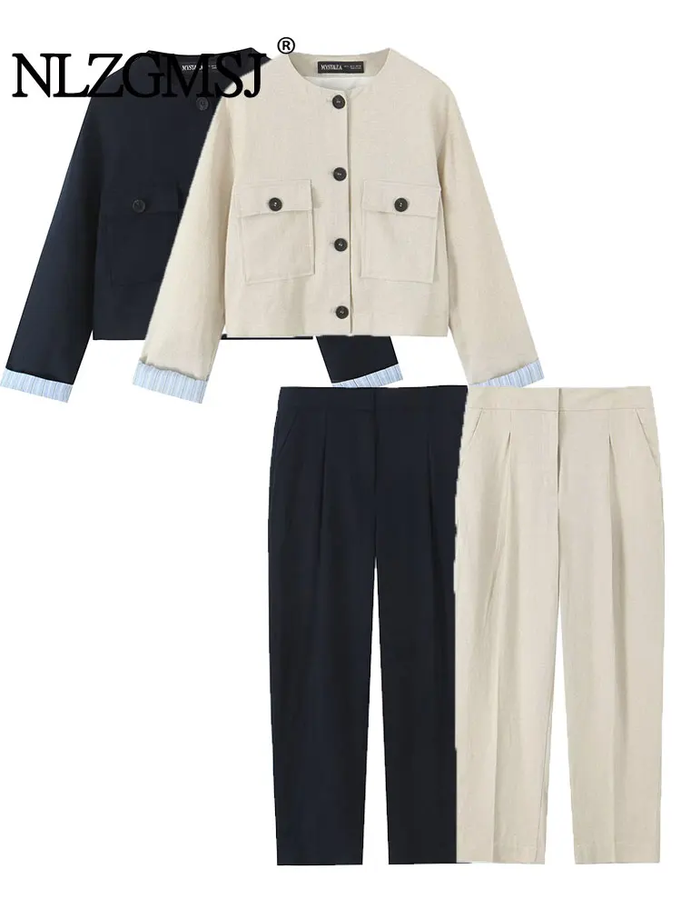 

NLZGMSJ 2025 Spring Vintage Solid Women Single Breasted Pockets Jackets Straight Loose Long Zipper Pants Fashion Sets