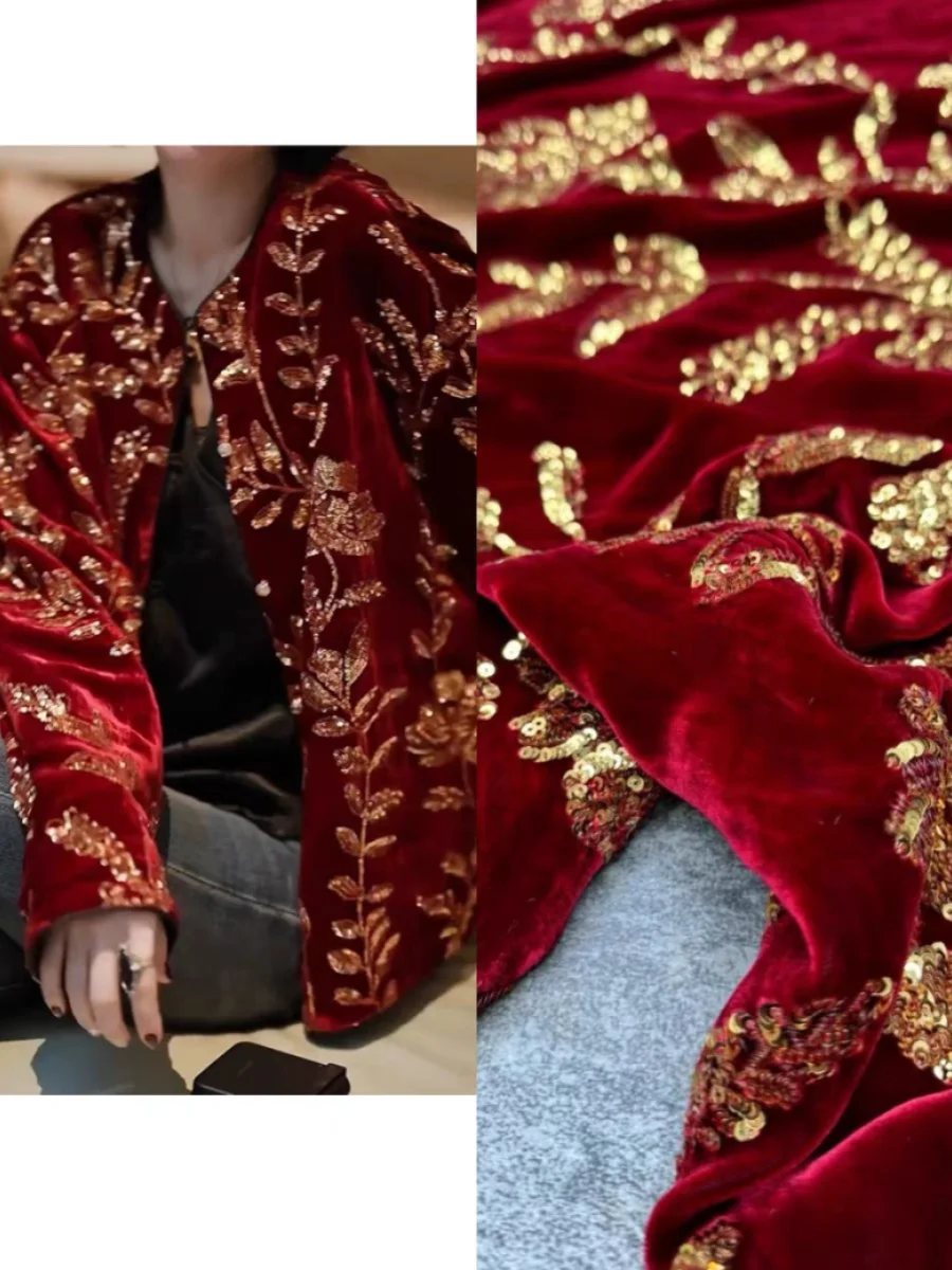 

Новая красная бархатная шелковая ткань с вышивкой и золотыми пайетками в китайском стиле: материал для топов, жакетов, жилетов, полуюбок, а также для домашних поролоновых подушек и рукоделия (DIY)