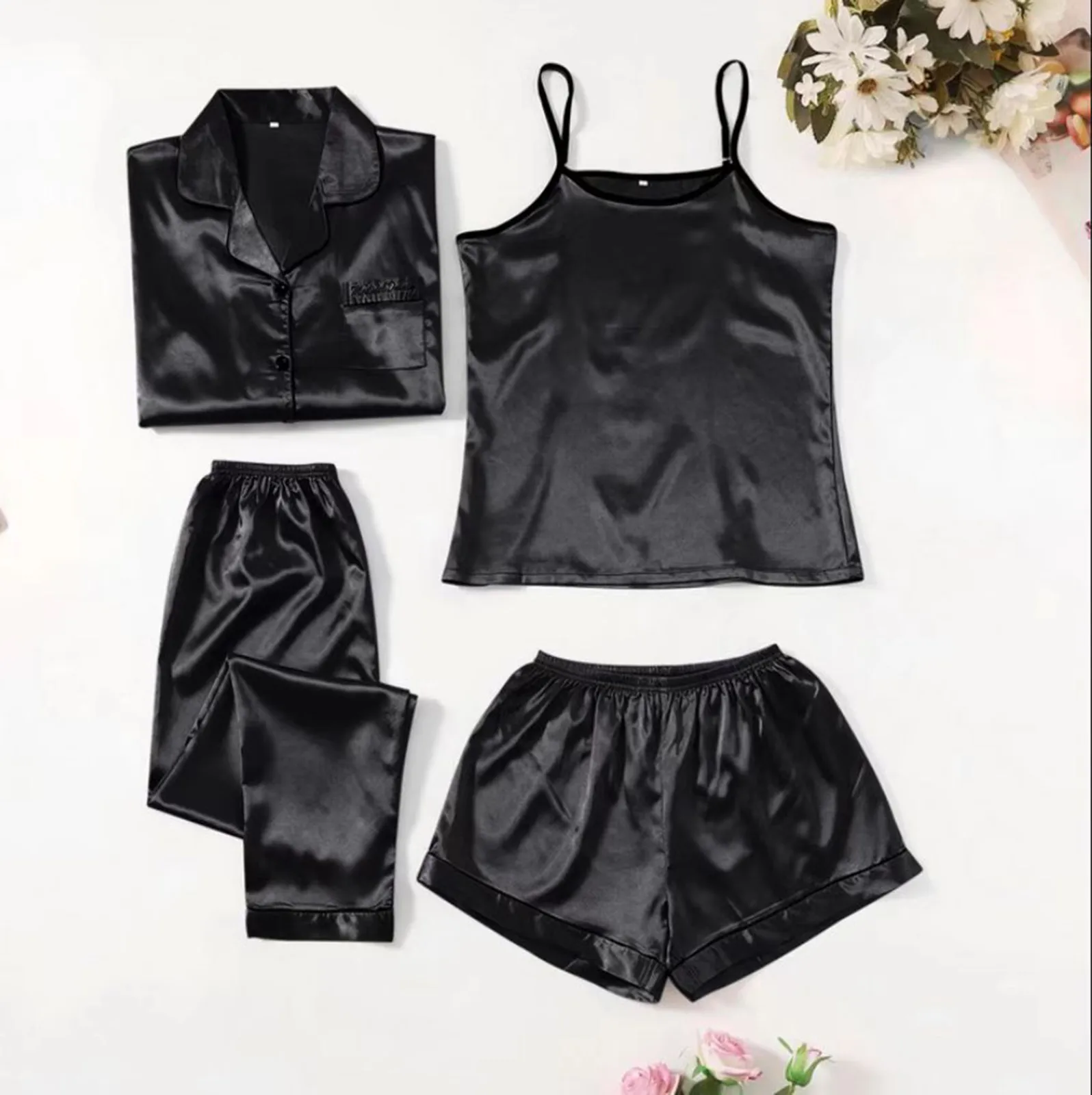 Sleepwear Women Long Sleeve Suspenders Long Pants Shorts Pajamas 4 Piece Set Ice Silk Quick Dry Night Dress Trouser Shirt