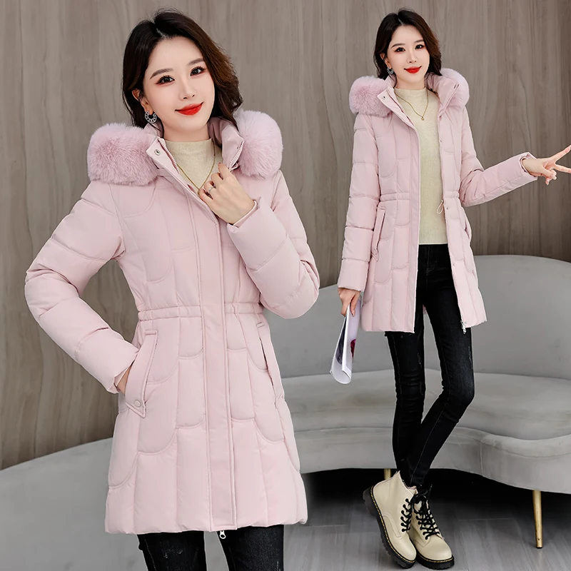 

Detachable Hood Thiened down Cotton Jaet Women's Slimming Winter Coat Medium-Length Faionable Removeable Hat