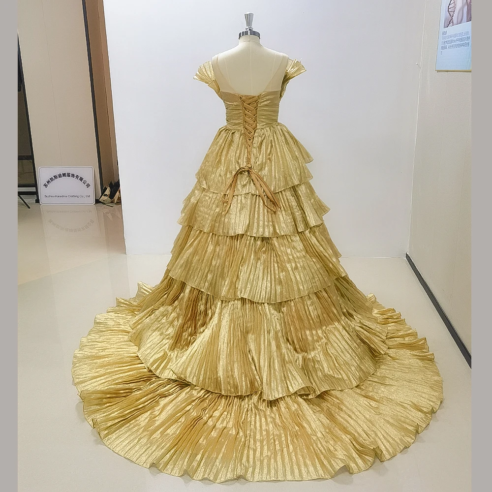 Luxury Shining Gold Strapless A-Line Pleated Evening Dress New Fashion Female Floor Length Party Prom Ball Gowns