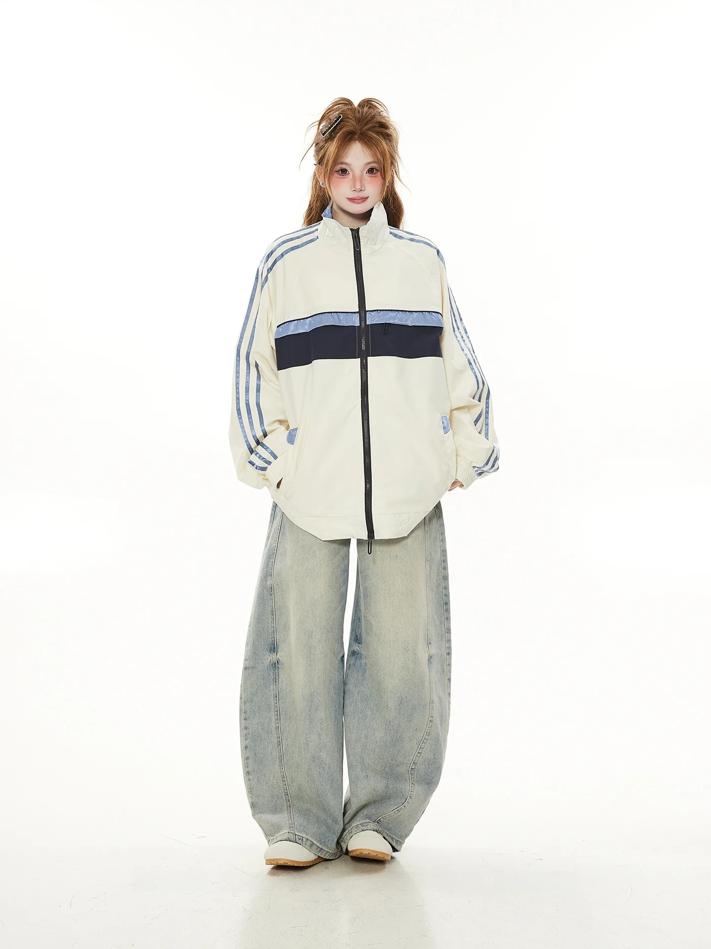 

Casual American Loose Junior Sle Student Spring Autumn Thin Splice Color Blo Jaet Women's Faion Brand ort Outerwear