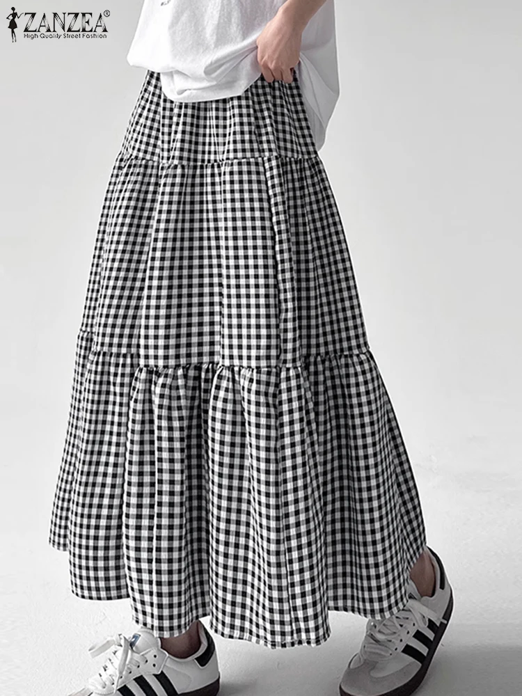 ZANZEA Everyday Tiered Long Jupes Holiday Checked Loose Casual Women Gingham Skirt 2025 Spring Elastic Waist A-line Maxi Skirts