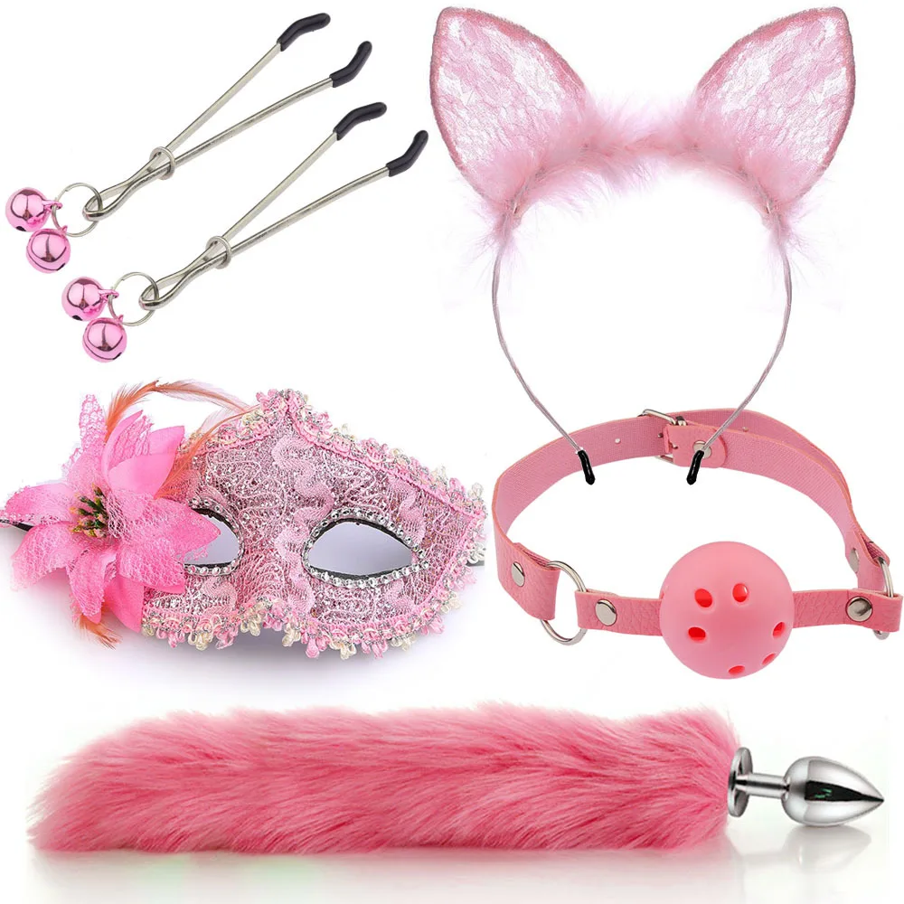 

Cute Fox Tail Anal Plug Mask Cat Ears Headbands Set Adult Games Nipple Clip Neck Collar Erotic Cosplay Sex Toys For Women