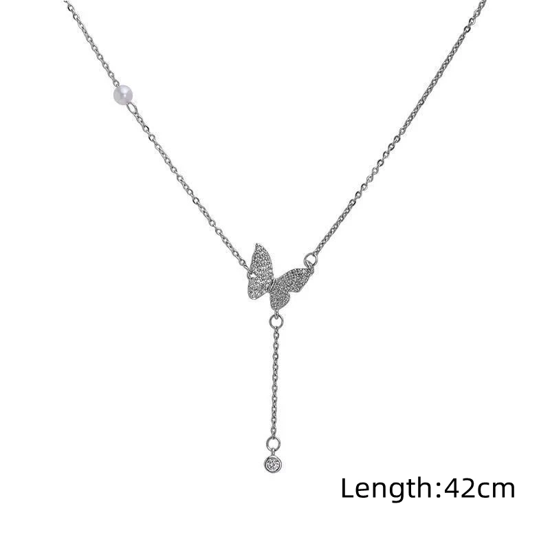 Shiny Crystal Butterfly Pendant Necklace Zircon Exquisite Pearl Clavicle Chain Necklace For Women Wedding Party Jewelry Gifts