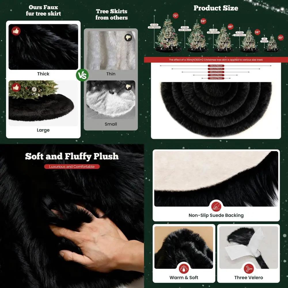 

Black Wool Christmas Tree Skirt, 60 Inch, for Small Trees, Holiday Party Decorations