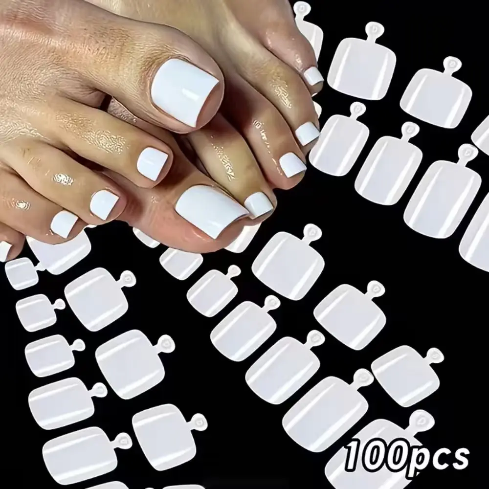 100pcs/Box French Tip Press-On Toenails White Color System Square Shape Foot Nails Short Length Glossy Finish False Toe Nail Set