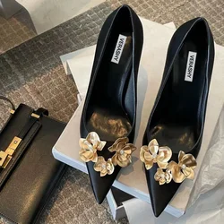 Golden Flowers High Heels Women Silk Luxury Designer Sandal Sexy Party Dress Pumps Pointed Metallic Flower Stiletto Heels Ladies