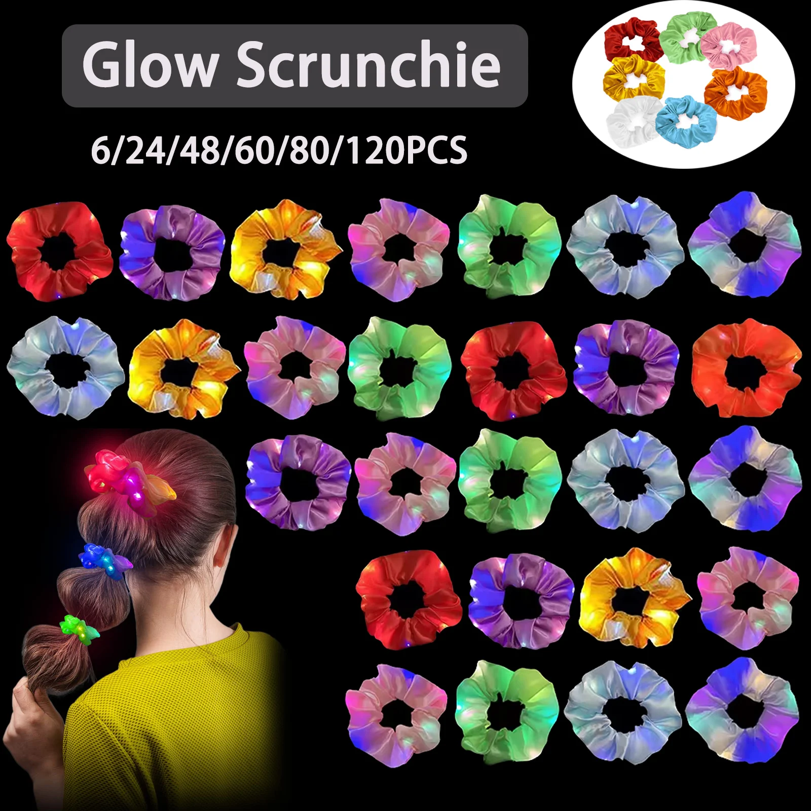 

192-6Pcs Glow Scrunchie LED Light Scrunchie Light Up Scrunchy Elastic Hairband for Girls Glow in the Dark Party Favors Wholesale