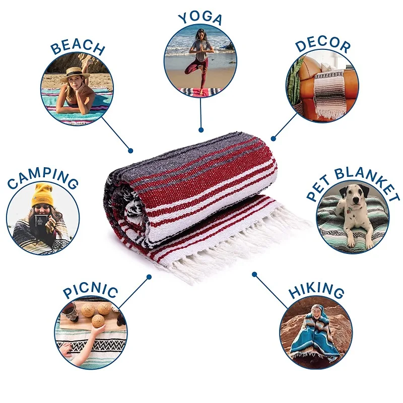 Mexican Shawl Blanket Oversized 55*70in cotton Woven Fringe  Picnic Mat Yoga Summer Cushion Swimming Travel Blanket