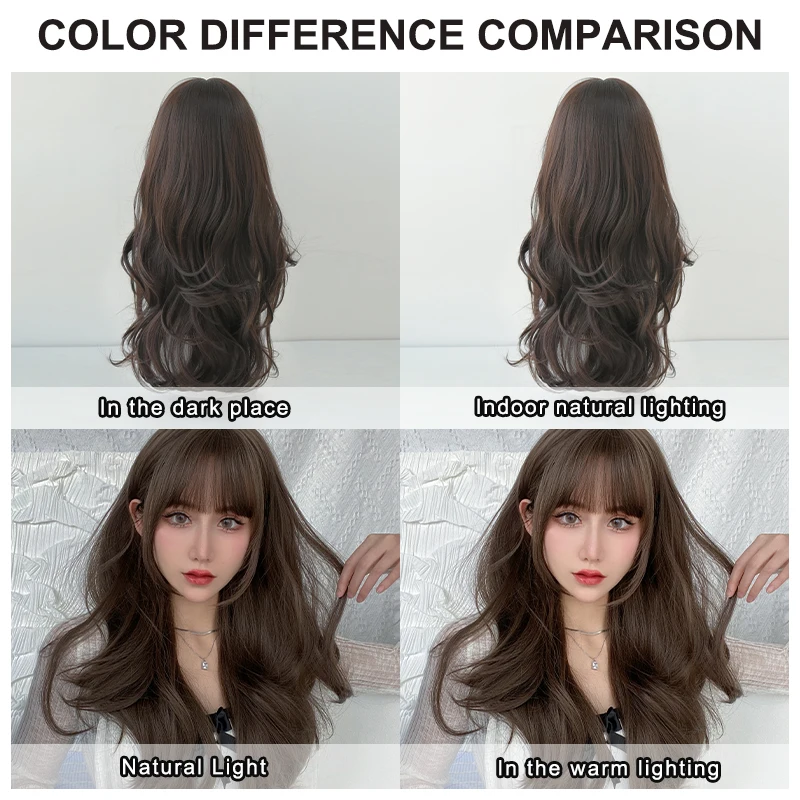 7JHH WIGS Loose Long Body Wave Dark Brown Wig for Women High Density Synthetic Layered Chocolate Wigs with Bangs Heat Resistant