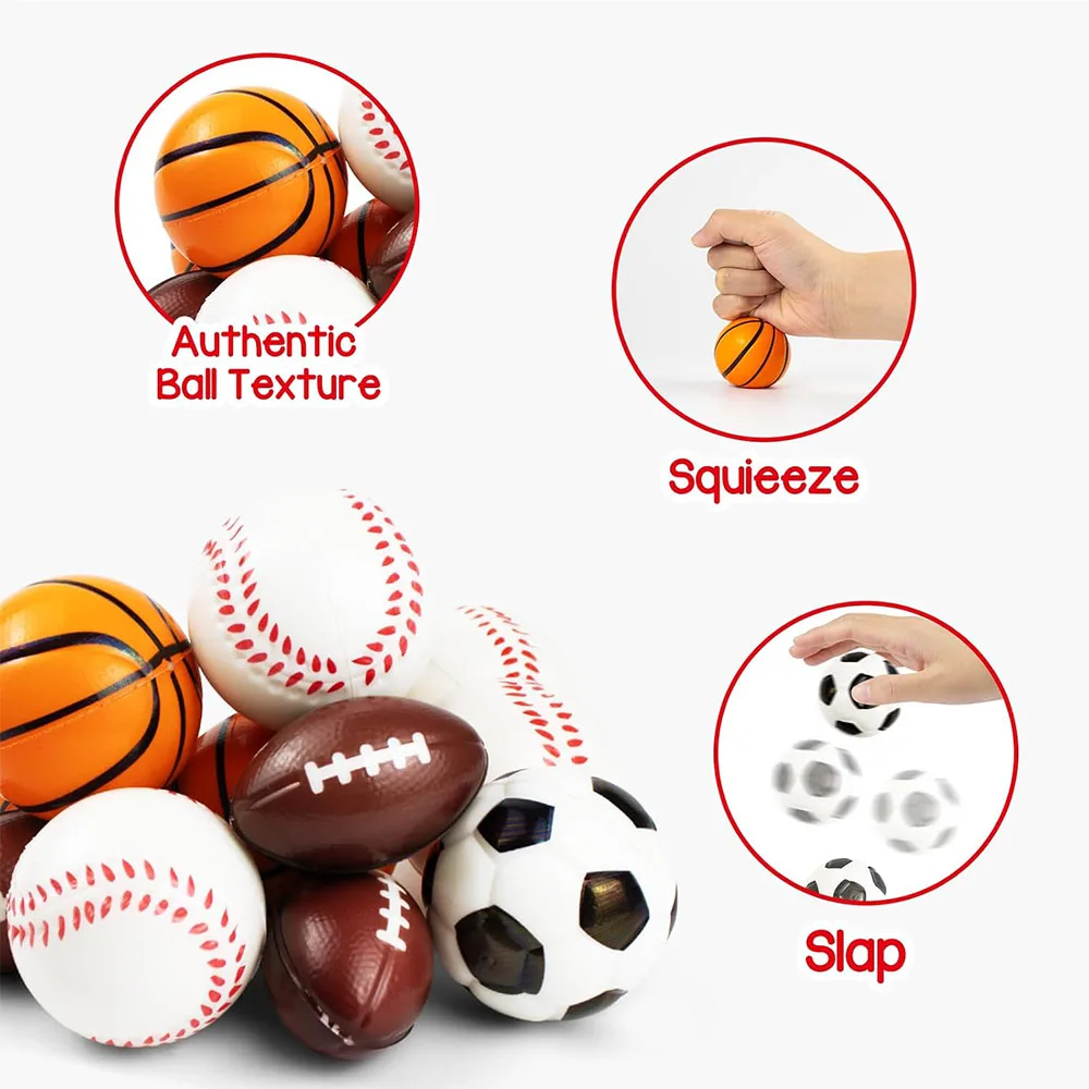 ลูกบอลบีบคลายเครียด 24 ลูก พร้อมการ์ดวันวาเลนไทน์ ลายฟุตบอล เบสบอล รักบี้ และบาสเก็ตบอล สำหรับแจกในห้องเรียน งานปาร์ตี้ หรือของชำร่วย