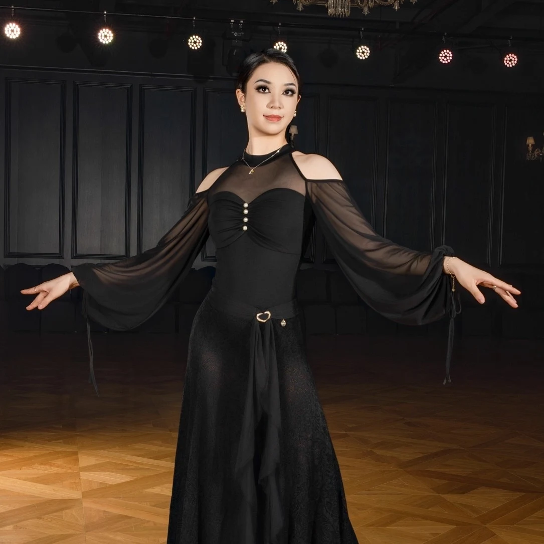 2025 Wals Dans Kleding Ballroom Dansvoorstelling Kostuum Vrouwen Mesh Lange Mouwen Tops Volwassen Praktijk Slijtage Paars Tops BL 17171