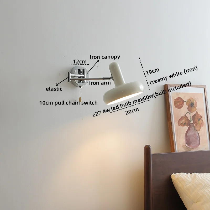 IWHD Swing Arm LED Wall Lamp Sconce Indoor Bedroom Living Room Iron Modern Stair Light Fixtures Pull Chain Switch Espejo Pared