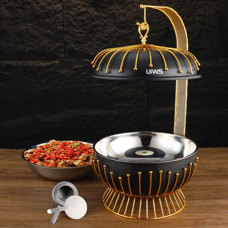 

Light luxury stainless steel bead cover hanging furnace 8.0L restaurant food heating alcohol pot wrought iron bracket hanging co