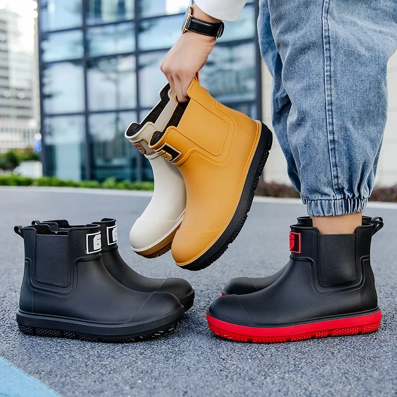 Men's Short-Tube Non-Slip Rain Boots Fashionable Low-Top Water Shoes, Pvc One-Time Molded Rain Boots, Pastoral Labor Waterproof