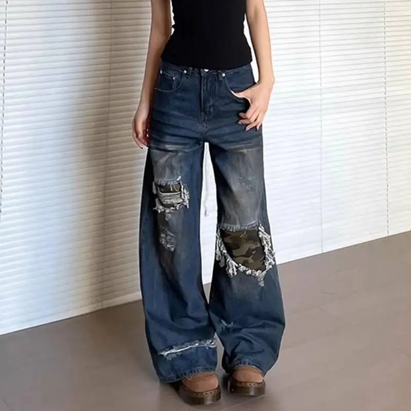 New Fashion Mem's Denim Trousers Holes Design Autumn Worn-out Camouflage Patchwork Washing Loose Male Straight Jeans 9BOTQ