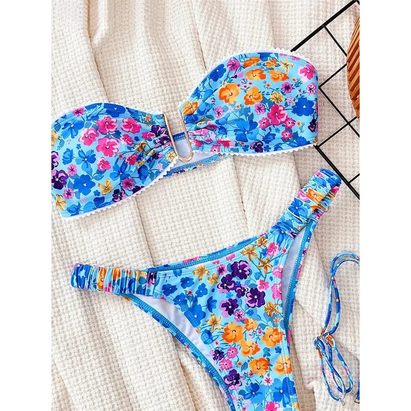 Sexy U Neck Flowers Printed Wrinkled Bikini Female Swimsuit Women Swimwear Two-pieces Bikini set Bather Bathing Suit Swim