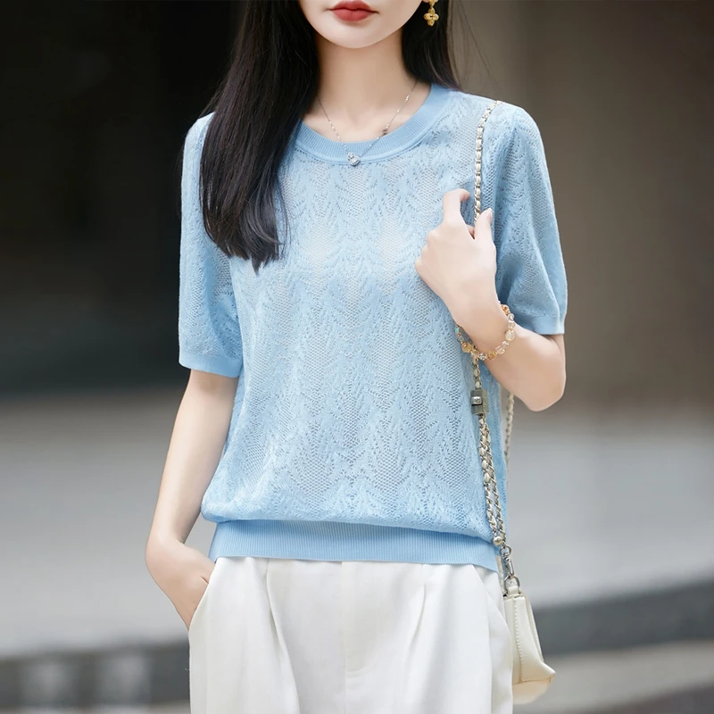 Women's Half-sleeved T-shirt Wool Lyocell Tees Sweater O-neck Flower Shaped Hollow Pullover Vest Summer Knitted Bottoming Tops