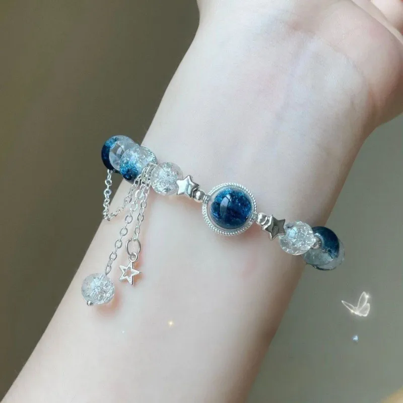 Goth Harajuku Cute Y2k Handmade Aesthetic Space Star Charm Beads Bracelet  Girl Vintage Starry Sky Blue Glass Crystal Bracelet