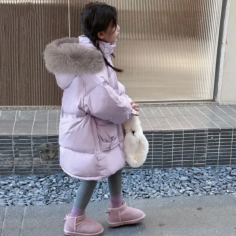 NOWOŚĆ Dziecięca zimowa ciepła biała kurtka puchowa z kapturem gruby płaszcz dziewczynka ubrania chłopiec odzież dziecięca parka prawdziwe futro kombinezon śnieżny