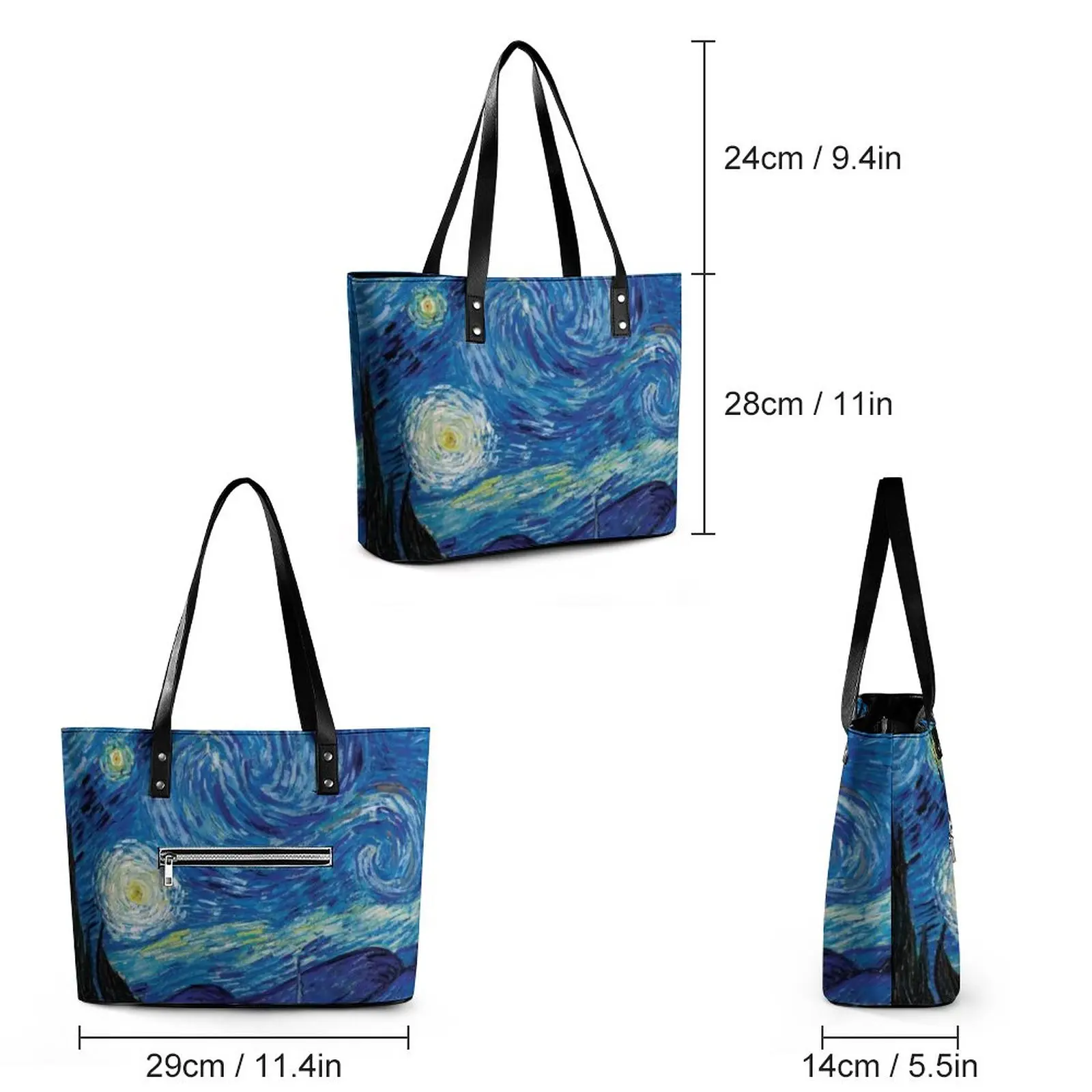 Abstract Sky Handbags Van Gogh Starry Night PU Leather Shoulder Bag Female Office Print Tote Bag Ziplock Stylish Shopping Bags