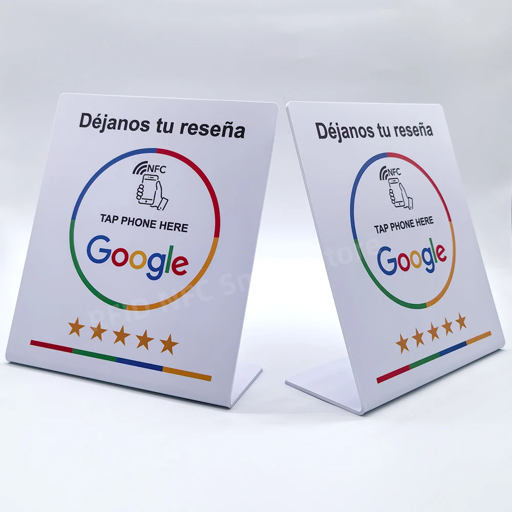 13.56Mhz programmable Google Review Card NFC station table NFC Google Reviews display card standing Déjanos tu reseña