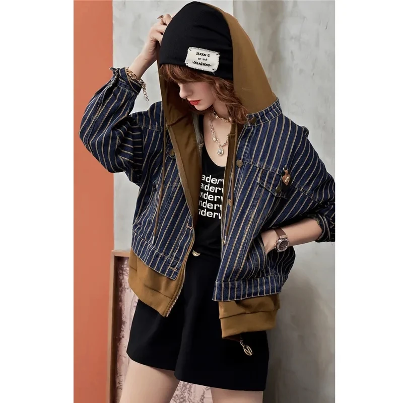 European Denim Jacket Women Early Autumn 2023 New Fake Two-piece Jacket Top Long Sleeved Denim Patchwork Hooded Baseball Clothes