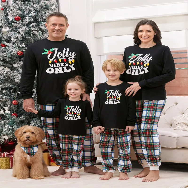 

PatPat Christmas Pajamas Family Matching Xmas Light Jolly Vibes Long Sleeves Top Plaid Pants Pjs Sets