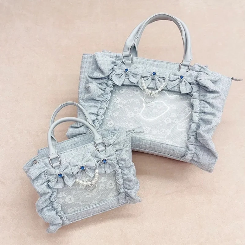 Japanese Ruffled Bow Bead Ita Bag College Style JK Girls Large Capacity Tote Bag Sweet Exquisite Transparent Window Handbag - view 4