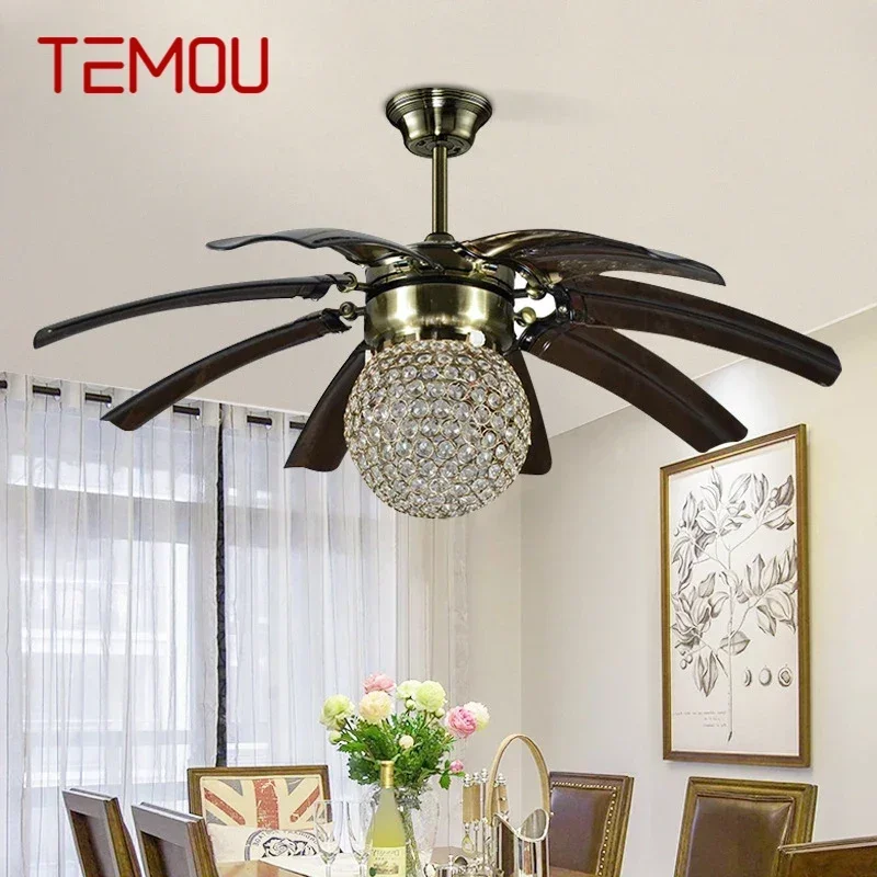 

TEMOU Nordic LED Fan Light American Vintage Restaurant Living Room Study Ceiling Fan Light Remote Electric Fan Light