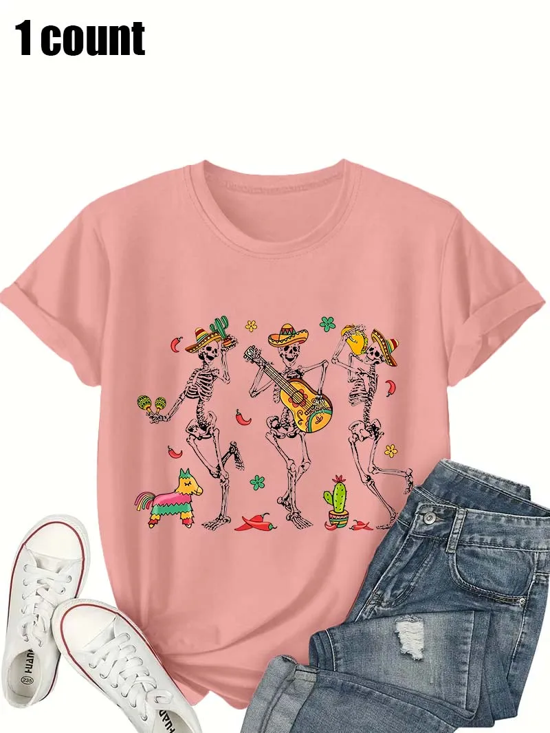 プラスサイズのレディース T シャツ、メキシコ スケルトン バンド プリント フォーク アート カジュアル ストリートウェア トップ