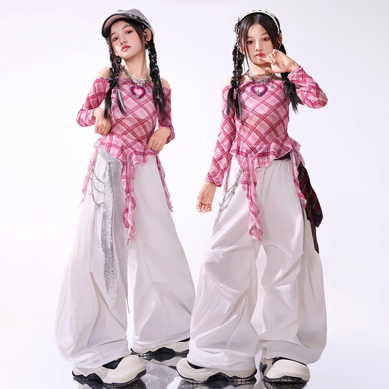 

2025 Girls Kpop Dance Costume Jazz Performance Outfit Pink Top White Baggy Pants Children Fashion Show Performance Wear AMY2848
