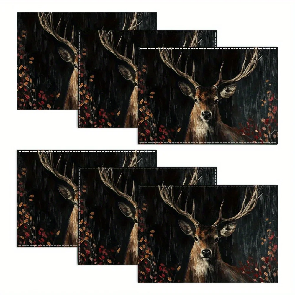 Realistic Deer Head Placemats Set Of 6 Dark Forest Theme Linen Table Mats With Detailed Stag Portrait Washable Heat Resistant