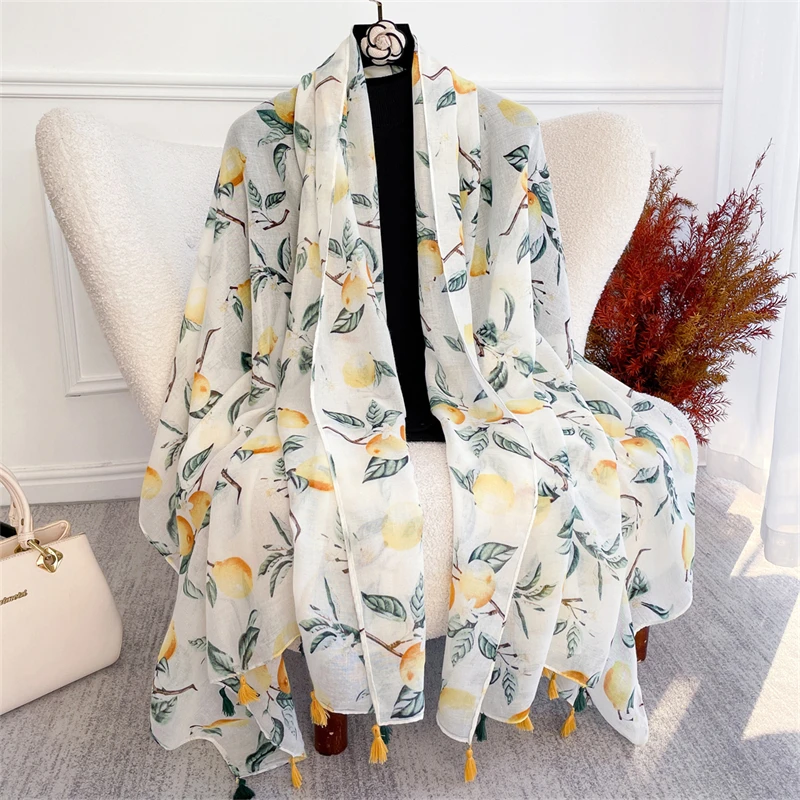 

Новый весенний женский хлопковый шарф, пляжный хиджаб, шали и накидки, люксовый бренд 2025, лимонный женский платок, дизайнерская бандана Echarpe