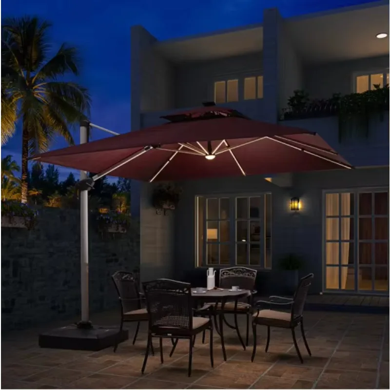 

Outdoor Factory UV Resistant Folding Square Patio Solar LED Light Umbrella with Crank, Round Hotel Beach Parasol