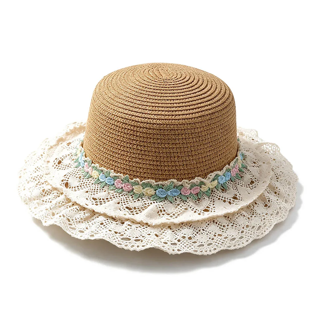 Straw Hat Evoking For french Victorian Elegance Wide Brim Dome Silhouette and Refined Lace Trim for Beach and Settings