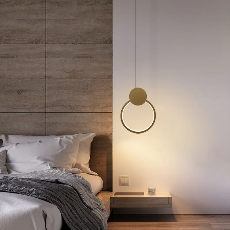 Nordic LED Pendant Light Bedside Long Modern Chandelier Bedroom Gold Brass Pendant Lamp Three-Color Dimming Decor Light Fixtures