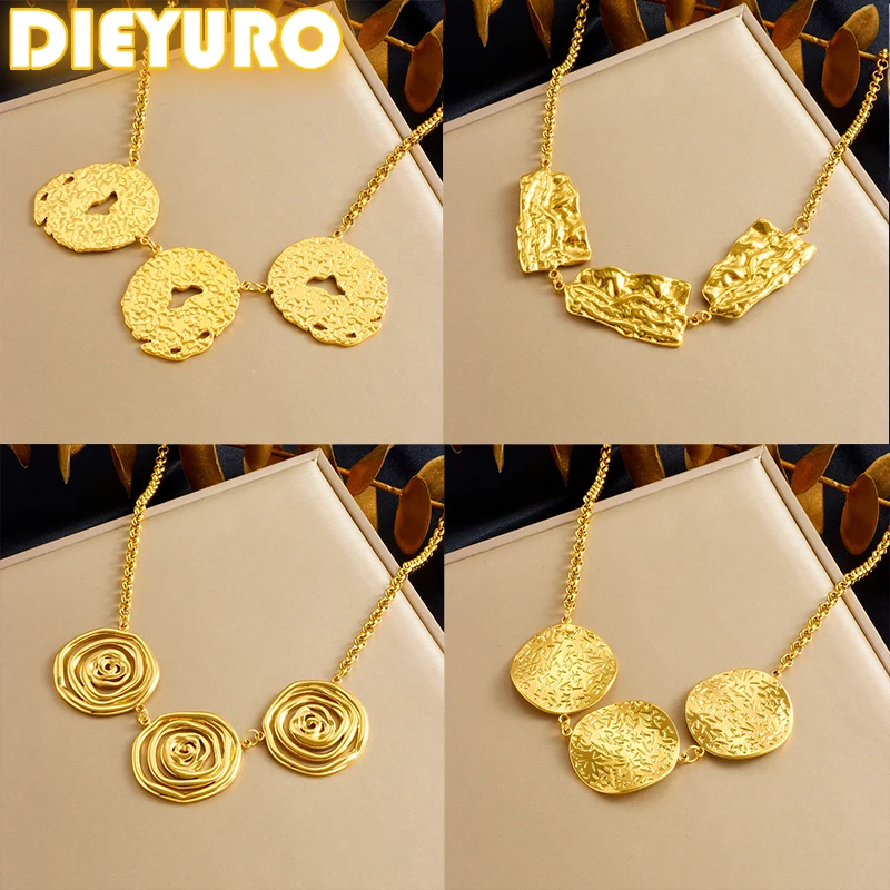 DIEYURO 316L Stainless Steel Golden Geometric Irregular Hammer Pattern Necklace Girl New Trend Fashion Neck Chain Jewelry Gift