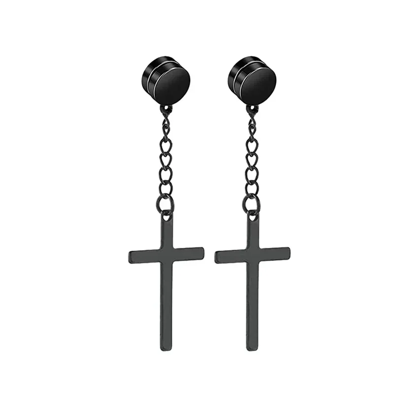 2pcs Punk Titanium Steel Men Strong Magnet Magnetic Cross Ear Clip Stud Set Non Piercing Earrings For Boyfriend Lover Jewelry