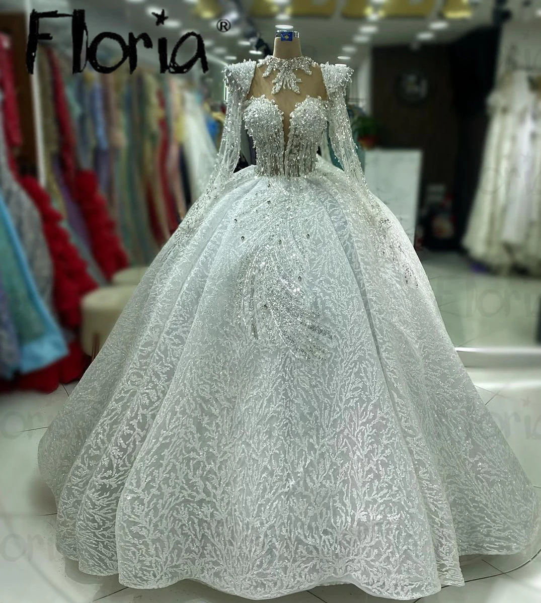 Floria Muslim Long Sleeves Wedding Dress White Luxury Ball Gown Birdal Gowns Arabic Plus Size Custom Bridal Dresses Sheer Neck