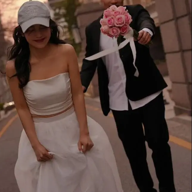 MD Elegante 2PS senza spalline A-line Abiti da sposa Organza senza maniche Corea Servizio fotografico Abito da sposa Lunghezza pavimento Personalizzato 2025