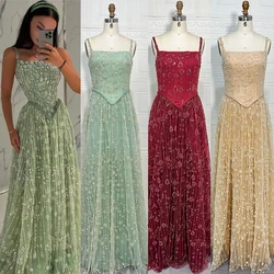 Elegant Spaghetti Strap Evening Dresses 2025 A Line Suqare Collar Beaded Formal Wedding Party Gowns for Women Customized